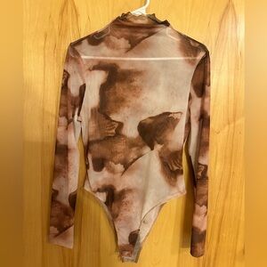 Brown and Cream Watercolor Pattern Sheer Long Sleeve Bodysuit